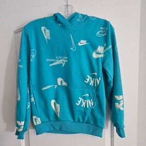 Nike Youth Hoodie Large Teal Blue All Over Logo Print Kids Pullover Sweatshirt